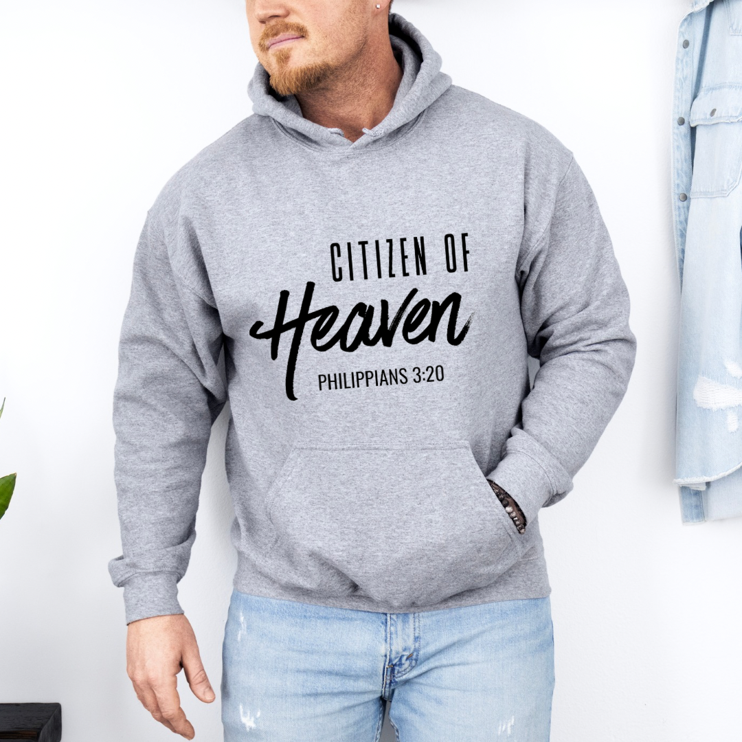 Grey hoodie sweatshirt that says, "Citizen of Heaven". Underneath in smaller writing it says, "Philippians 3 20."