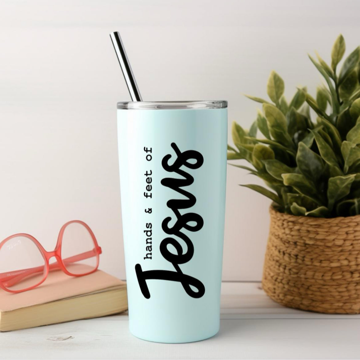 Tumbler sticker decal that says, “hands and feet of Jesus”. The word “Jesus” is in large cursive letters. 