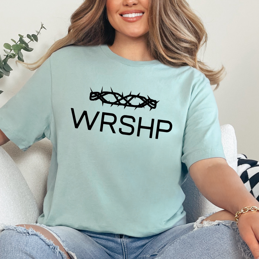 WRSHP Shirt for Men & Women | Crown of Thorns Tee | Inspirational Jesus Top | Faith-Based Apparel | Casual Christian Gift for All - Kingdom Threads by Amy