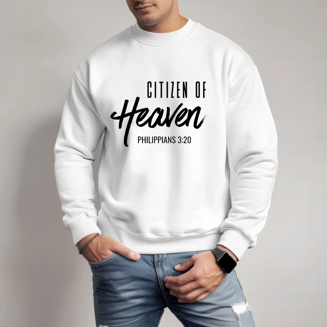 White crewneck sweatshirt that says, "Citizen of Heaven". Underneath in smaller writing it says, "Philippians 3 20."