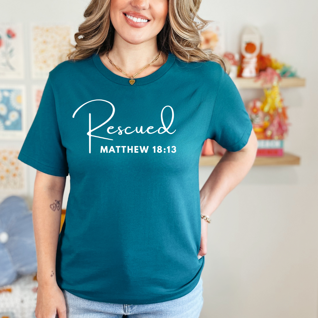 crewneck T-Shirt that says, "He left the 99 to rescue me". On the front it says, "Matthew 18:13 rescued" with a tan sheep.