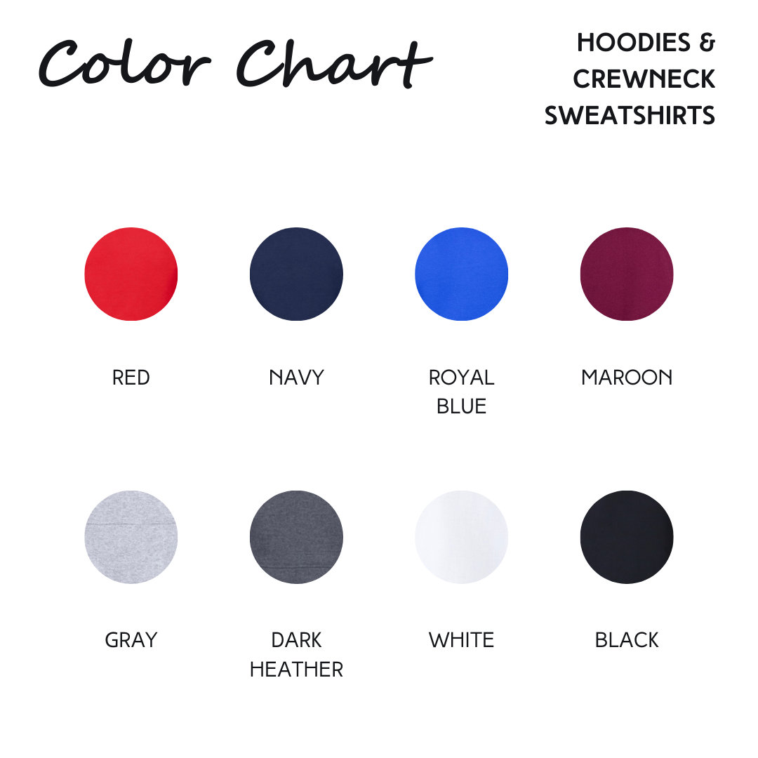 Color chart for crewneck sweatshirts and hoodies. Available colors are red, navy, royal blue, maroon, white, sport grey, black and dark heather.