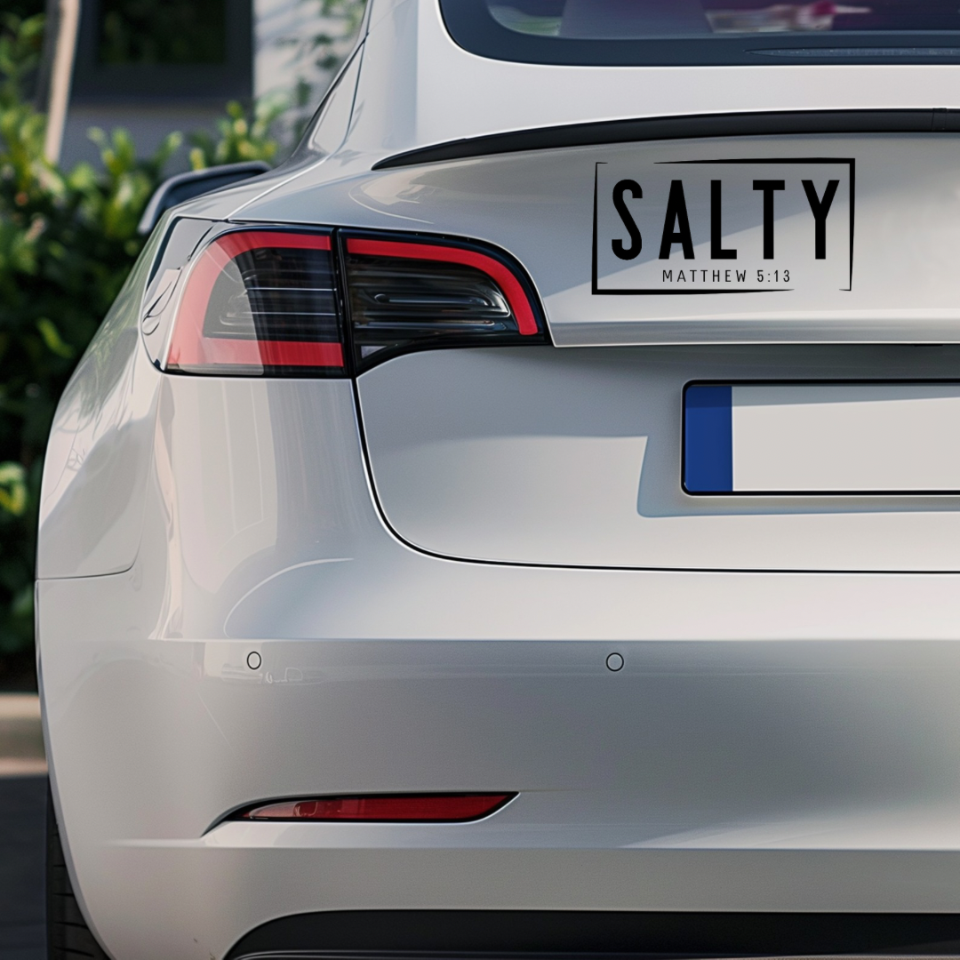 Bumper sticker that says, “Salty Matthew 5:14.” 