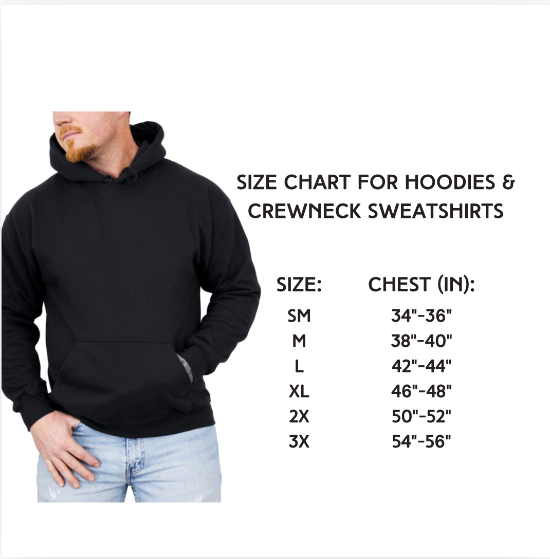 Size chart showing the measurements and available sizes which are small through 3XL.