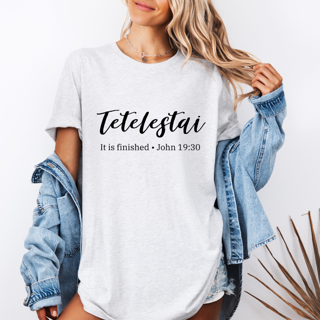 Ash white It Is Finished Shirt - Tetetelestai Tee for Christian Women - Bible Verse Apparel
