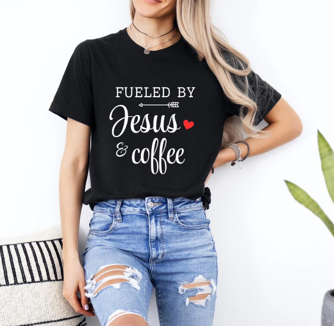 Black crewneck t-shirt that says, “fueled by Jesus and coffee.”