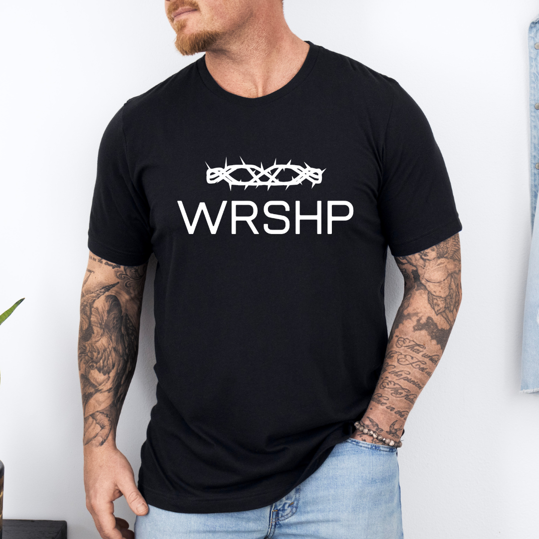 WRSHP Shirt for Men & Women | Crown of Thorns Tee | Inspirational Jesus Top | Faith-Based Apparel | Casual Christian Gift for All - Kingdom Threads by Amy
