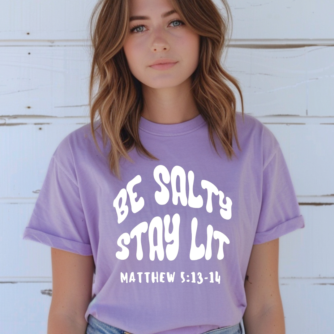 Be Salty Stay Lit Bible Verse Shirt | Matthew 5 13 14 Bible Verse Tee | Inspirational Christian Apparel