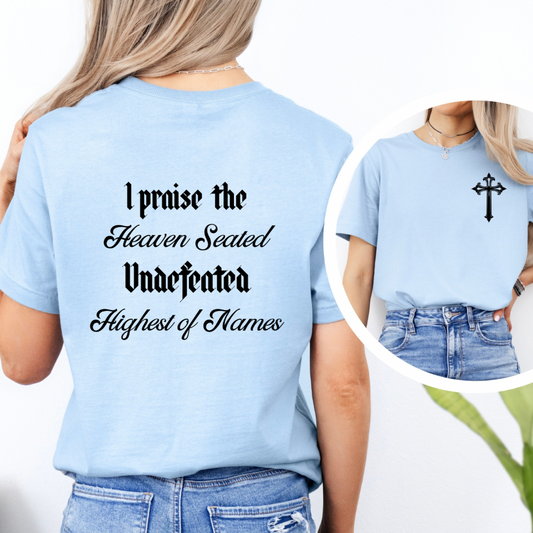 Baby blue crewneck praise t shirt with vintage cross. 