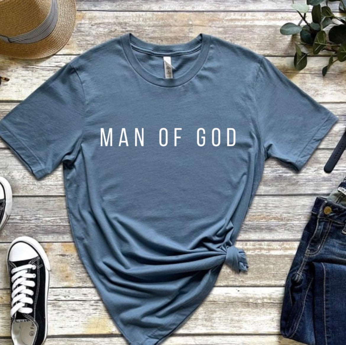 Steel blue crewneck t-shirt that says, “man of God” in large bold letters.