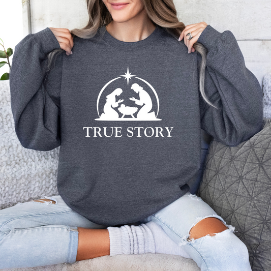 Dark heather crewneck Christmas sweatshirt that says, "true story" featuring Jesus, Mary and Jesus in a manger. 