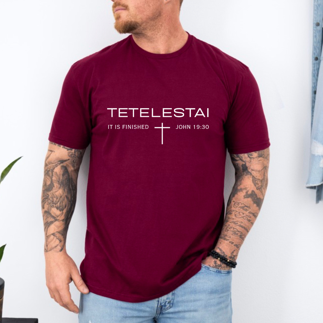 It Is Finished Shirt - Tetelestai Tee for Christian Men - Bible Verse Apparel