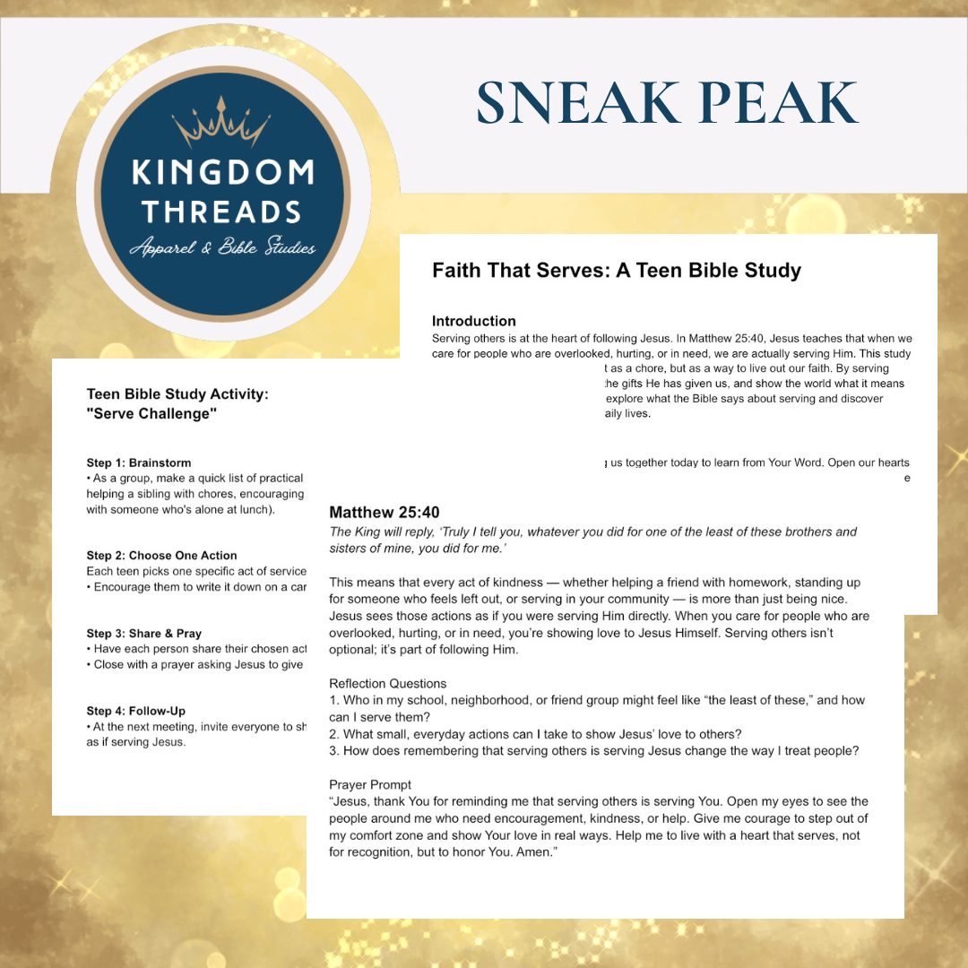 Kingdom Threads Teen Bible Study guide with text and logo on a gold and white background