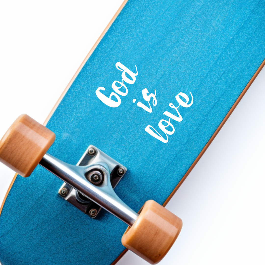 God is love Christian skateboard sticker. 