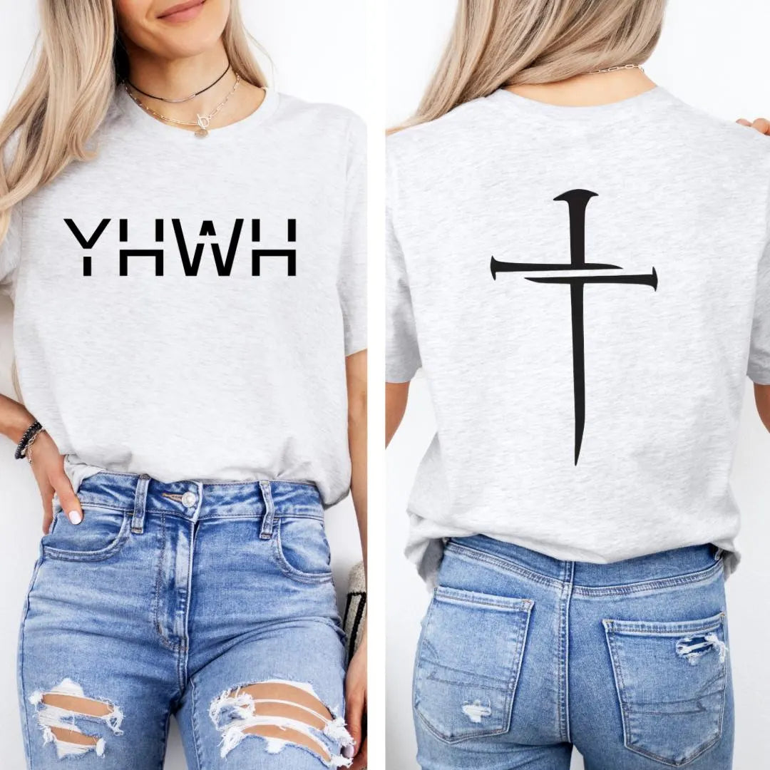 White Crewneck shirt that says, “YHWH.” On the back it has a cross made of nails.